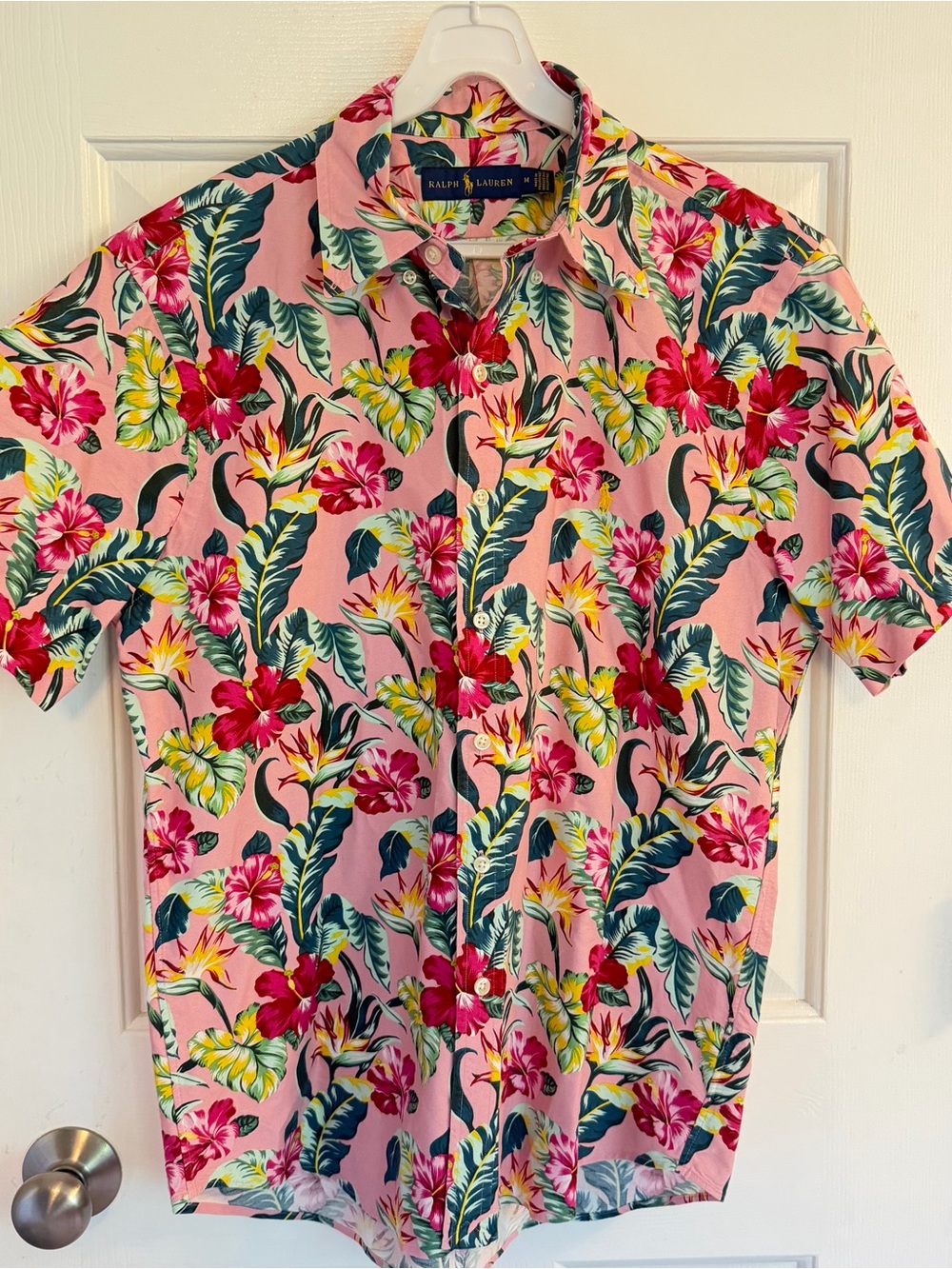 Ralph Lauren Men’s Pink Tropical Hawaiian Floral Button Front Shirt Size Medium